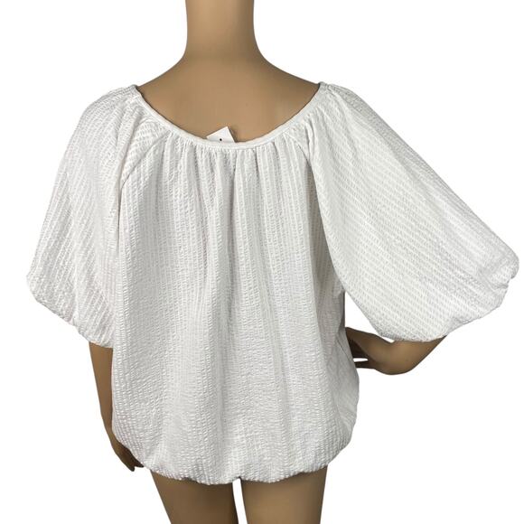 LOFT NWT White V-neck Crinkle Seersucker Peasant Top SZ L - Picture 9 of 11